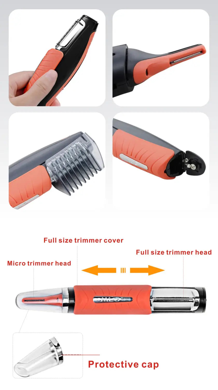 orange and black multifunctional electric trimmer with interchangeable heads designed as a shaving machine eyebrow nose hair trimmer for precise grooming.