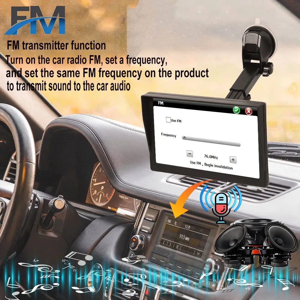 black fm transmitter with touchscreen display mounted on car dashboard via suction cup for 9-inch navigator car portable truck large screen navigation use