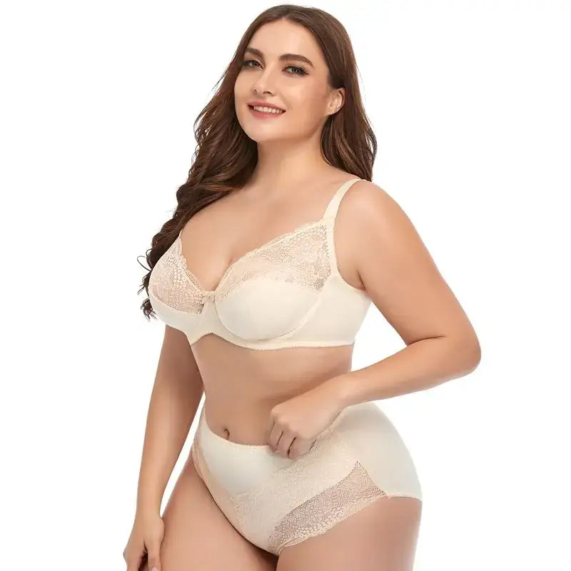 beige plus size underwire lace trim bra and matching high-waisted panties lingerie set with delicate lace detailing