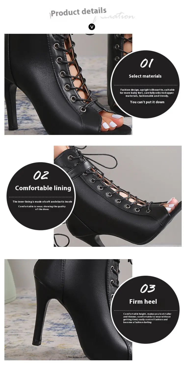 Black leather lace-up peep toe high heel pumps with a toe high heel design.