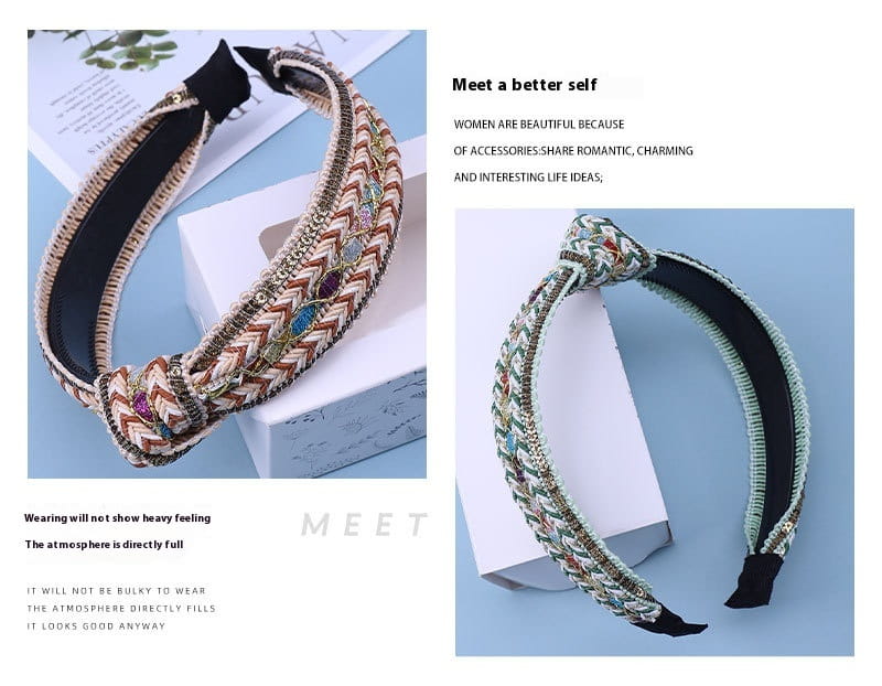 Beige and multicolored woven fabric knotted hair headband adorned with small rhinestones from the mint green knotted hair accessories bohemian collection.