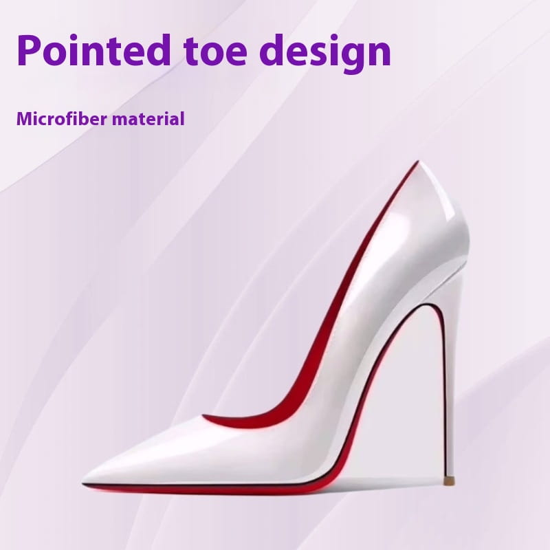 white pointed toe high heel pump with a glossy microfiber finish and bold red lining along the sole and inner edge in a style contrasting black patent stiletto pointed toe high heels for professional wear