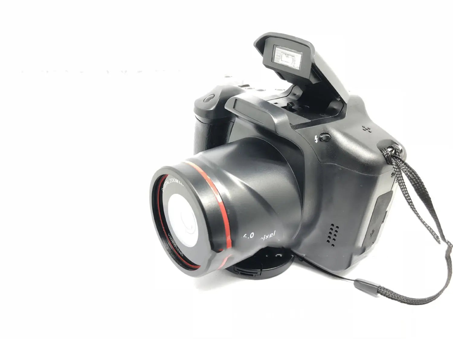 Black xj05 digital video camera with 4x zoom lens featuring a prominent lens with red accents and 4.0 pixel text on its barrel, equipped with an articulated screen open upward and a black wrist strap attached to its side.