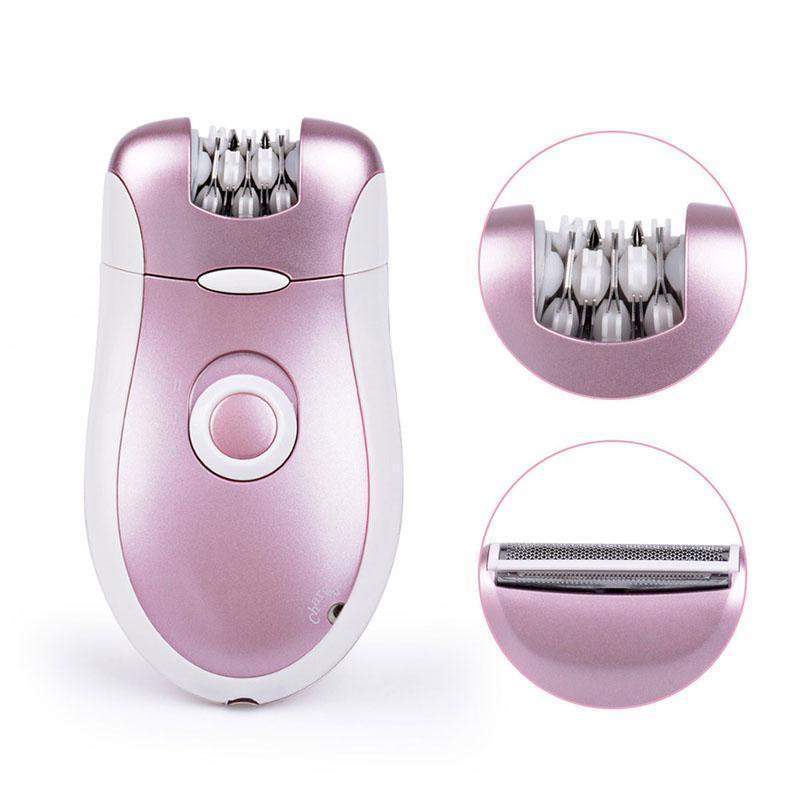 Pink and white girls hair removal device epilator razor with a sleek ergonomic design and multiple precision blades for effective hair removal.