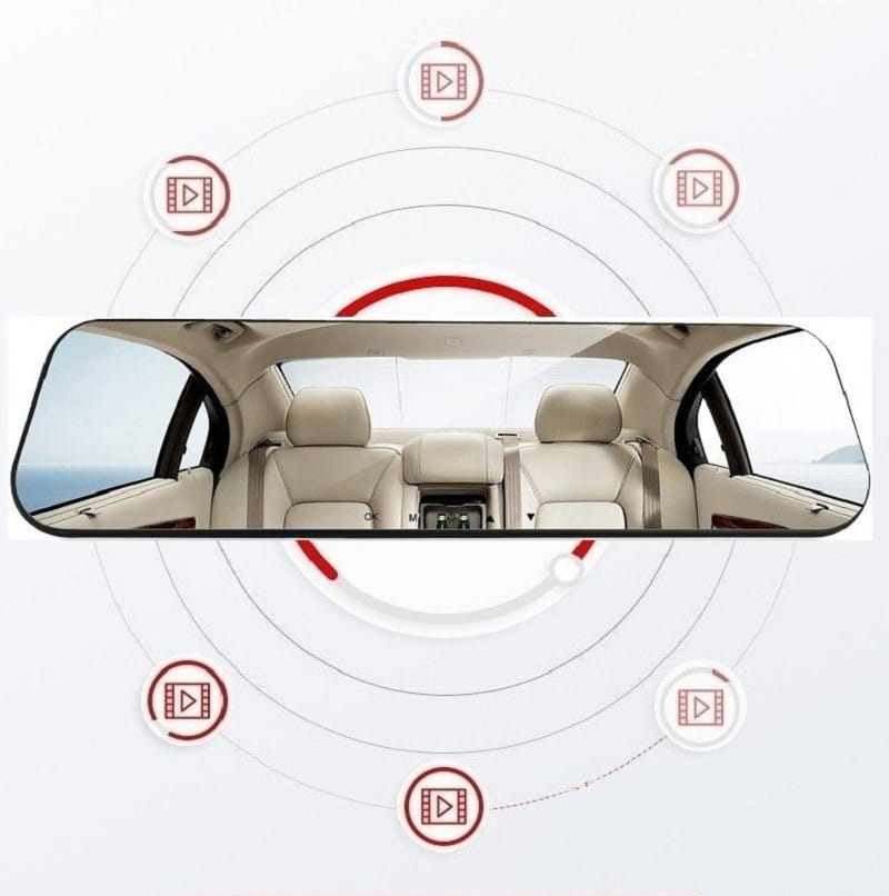 A sleek white glass white mirror rearview driving recorder with a black frame showing the reflective surface inside a beige car.
