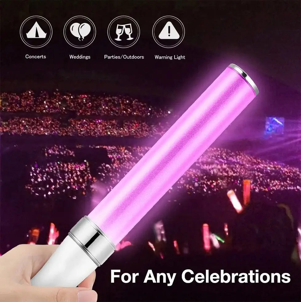 two white led glow stick lights with wrist straps featuring glowing pink stick fluorescent light with white handle and silver metallic ends for concerts or parties