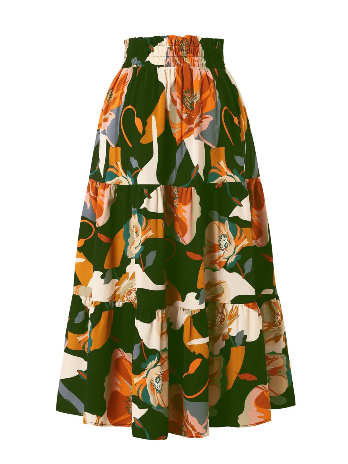 a vibrant cream tiered pleated floral print skirt with an elastic waist featuring bold orange cream and deep green flowers on a dark background