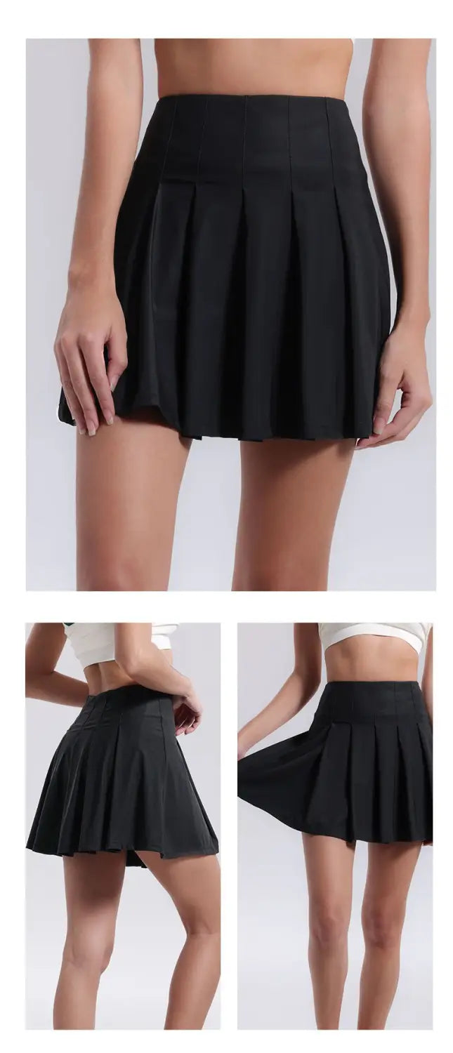 black high waist fitness yoga exercise pleated tennis skirt with structured crisp folds designed for aerobics high waist activities