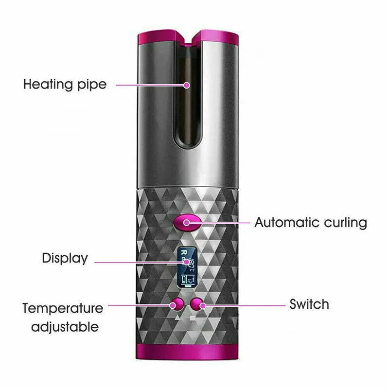 Cordless Automatic Rotating Curling Iron - Ceramic Wireless Hair Curler with LCD Display