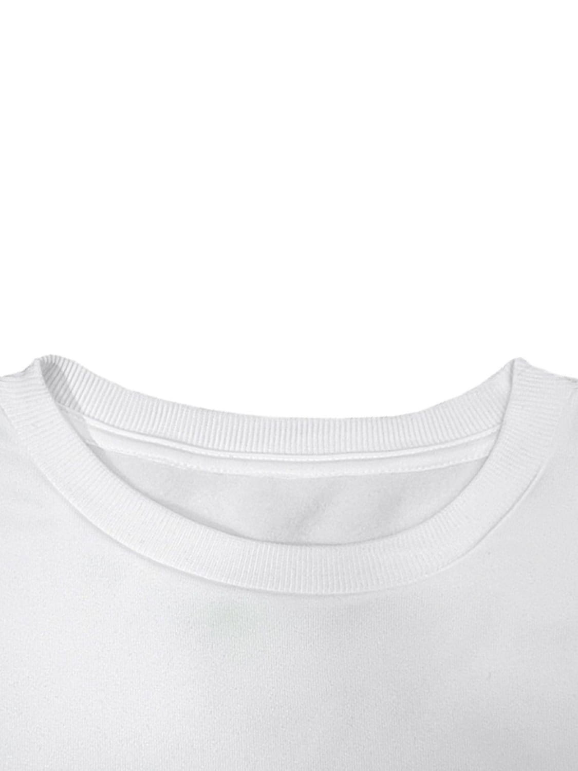 white crew neck t-shirt with ribbed collar shown as part of the black leopard number 14 crew neck sweatshirt collection