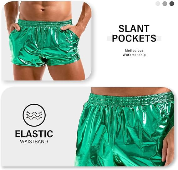 Shiny emerald green metallic mens loose casual shorts featuring slant pockets and an elastic waistband for a comfortable fit.