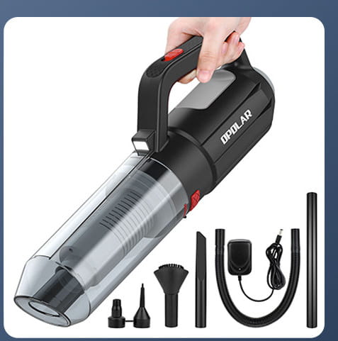black and transparent household mini vacuum with red accents featuring a sleek design and multiple attachments for versatile cleaning tasks