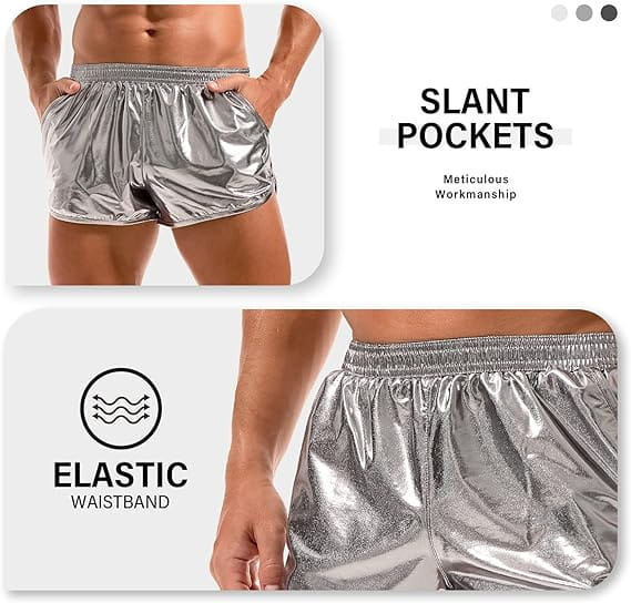 Emerald metallic mens loose casual shorts in shiny silver with slant pockets and an elastic waistband designed as casual trendy shorts.