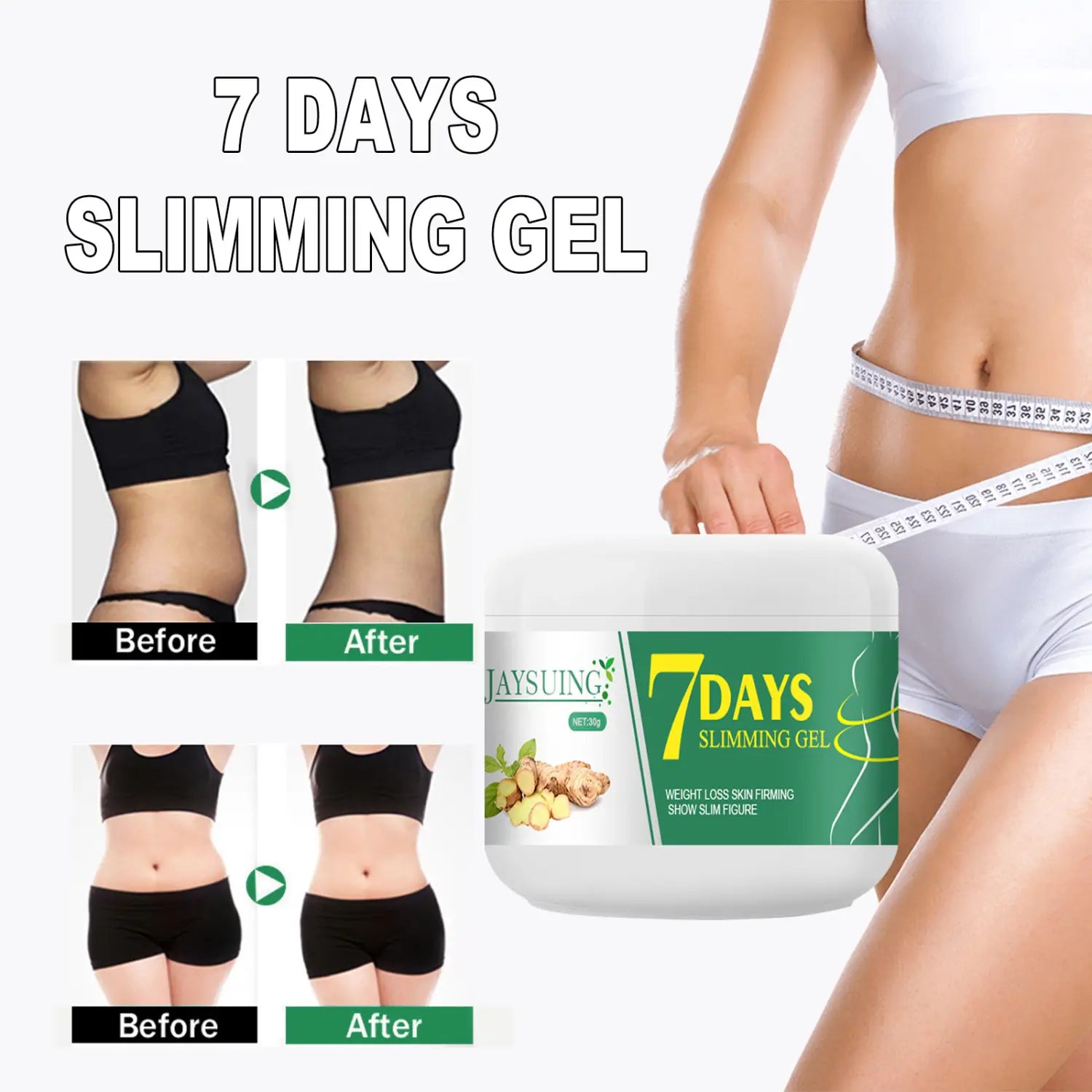 white plastic jar of jaysuing ginger abdominal slimming cream with green label and ginger imagery designed for ginger abdominal shrinking and slimming cream use.