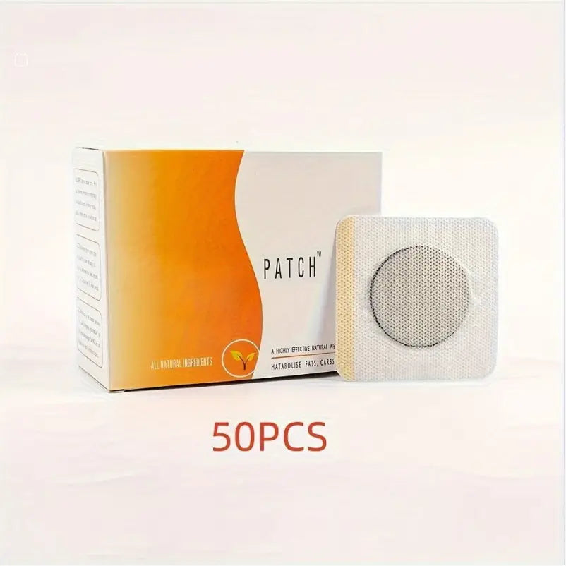 a beige textured square belly button patch with a circular mesh center next to its orange and white packaging labeled patch for 50 pieces designed as a magnetic slimming navel belly button patch