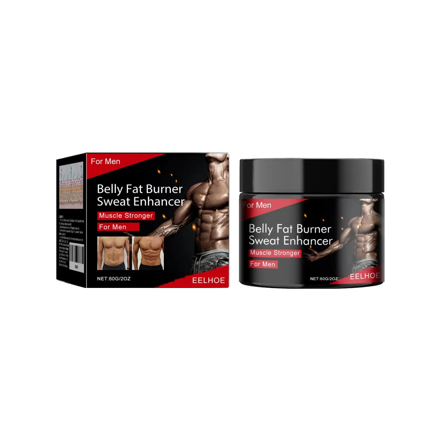 black jar with red label and silver muscular man graphic branded as eelhoe belly fat burner sweat enhancer for men exercise strengthening muscle sweat massage cream