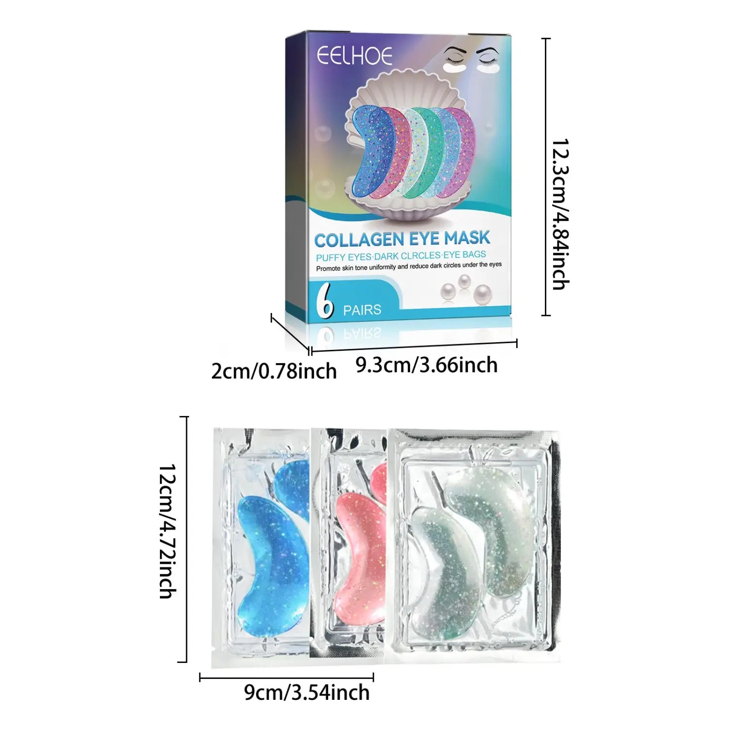 A package of glitter collagen eye masks in shimmering blue pink and green hues designed to reduce fine lines and dark circles.