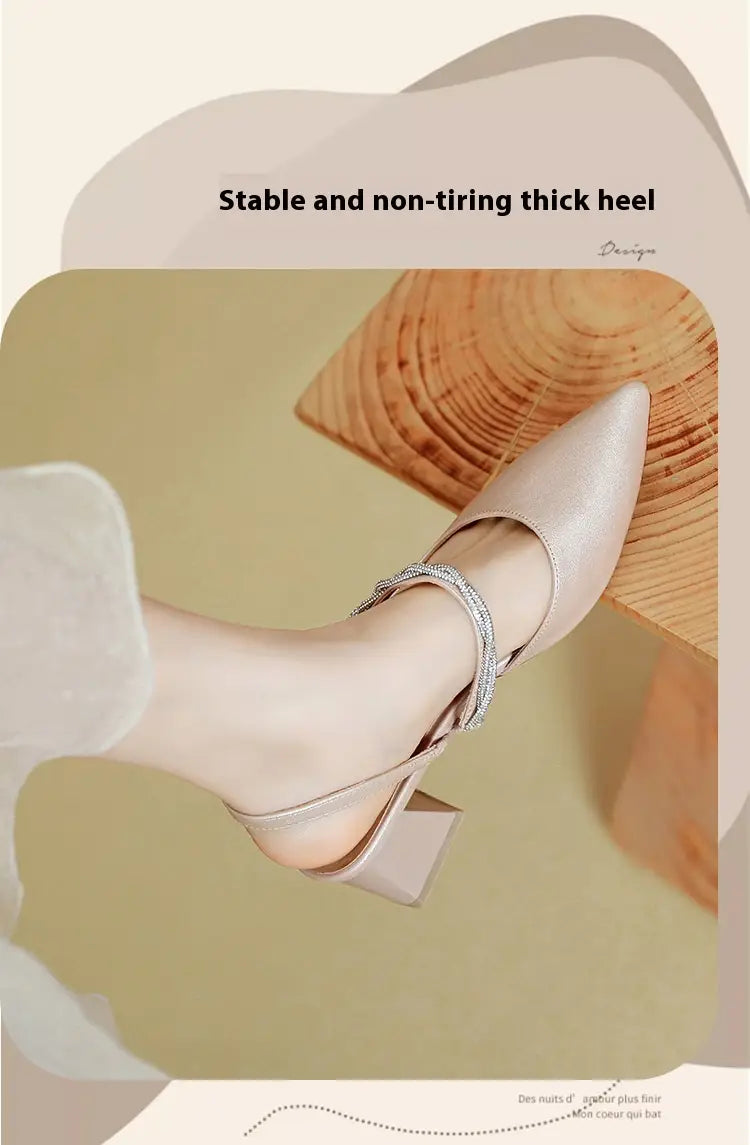 rose gold satin pointed toe high heels featuring a chunky heel silver block and an ankle strap adorned with sparkling rhinestones