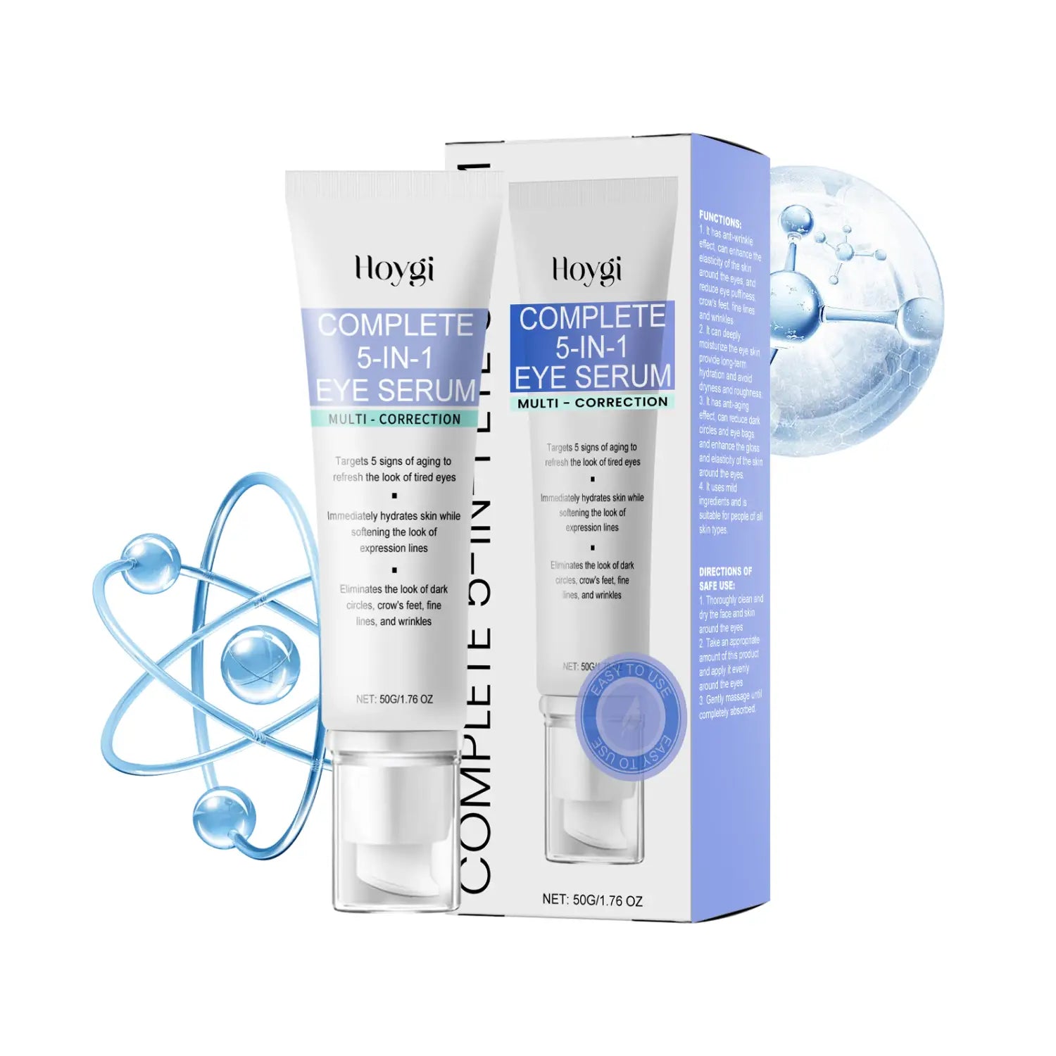 Hoygi complete 5-in-1 anti aging eye cream serum in a sleek white tube with purple and teal labeling is presented alongside its matching box.