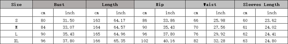 The table displays size and measurement details in centimeters and inches for the long sleeve banquet sequined rhinestone fishtail dress including bust, length, hip, waist, and sleeve length.