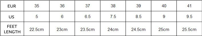 The image shows a size chart for the pink satin floral embellished backless flat sandal with european and us sizes and corresponding foot lengths in centimeters.