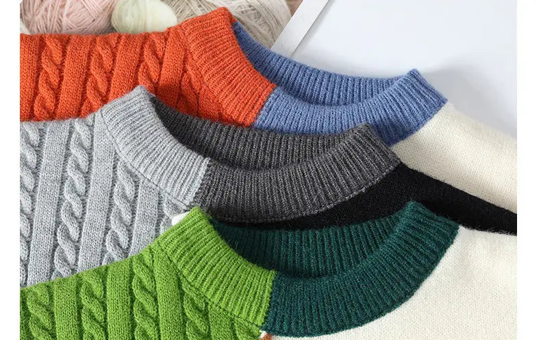 a collection of colorful knitted sweaters in vibrant hues including orange, blue, gray, green, black, and cream featuring cable-knit and ribbed textures, perfect as ins colorblock pullover sweaters for winter fashion.