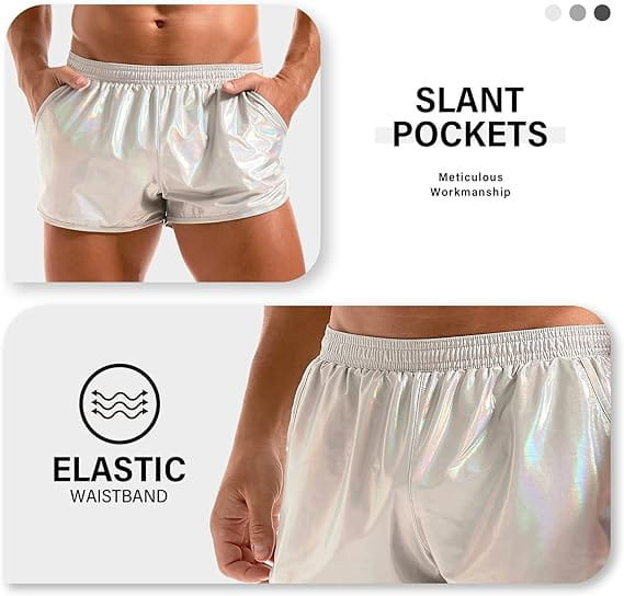 Emerald metallic mens loose casual shorts in shiny silver with slant pockets and an elastic waistband for a casual trendy look.