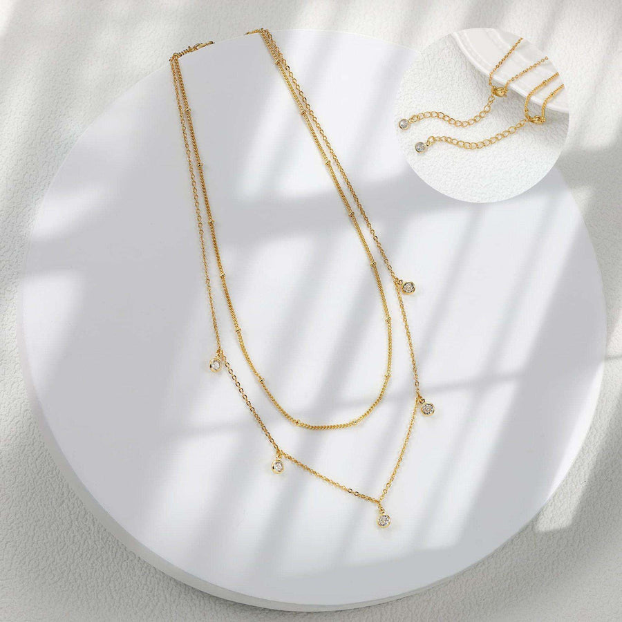 Dainty Waterdrop Chain Necklace Sideways CZ Pendant 14K Gold Plated for Women