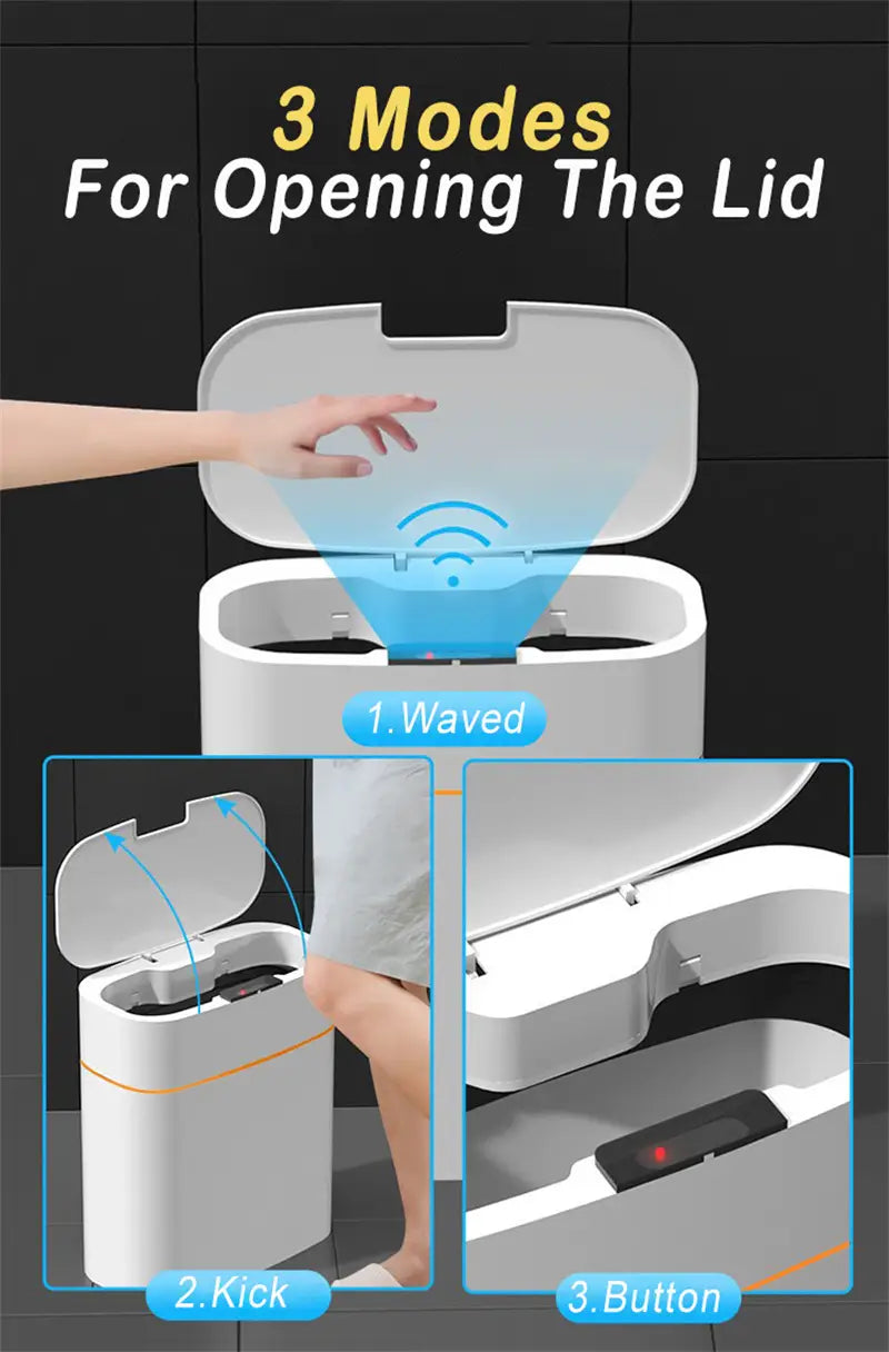 White rectangular smart trash can with three opening modes waved kick and button suitable for living room kitchen use.