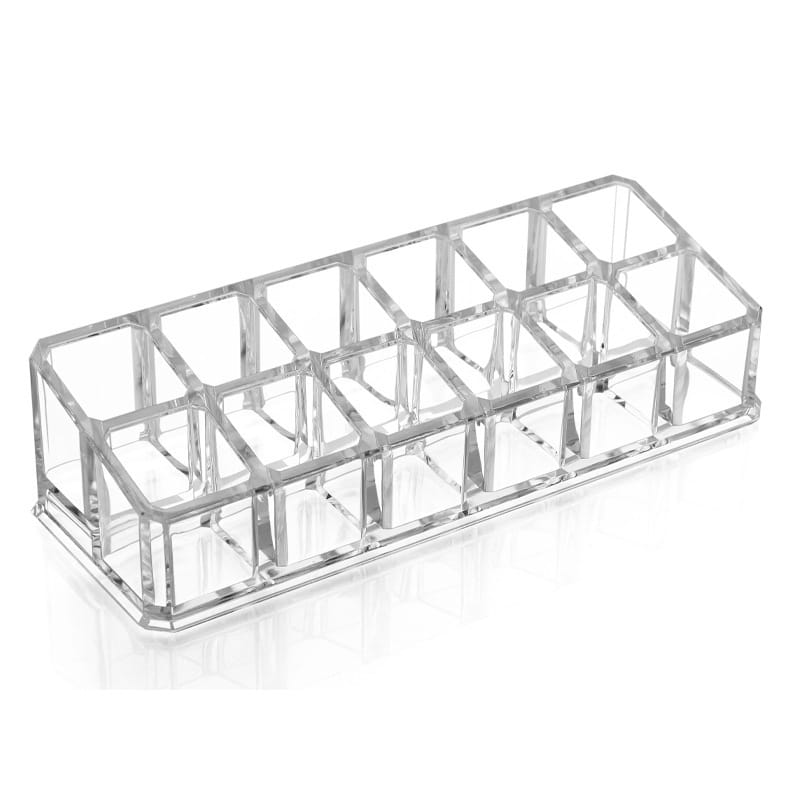 Clear acrylic makeup organizer with multiple compartments for efficient storage shown in a makeup organizer image.