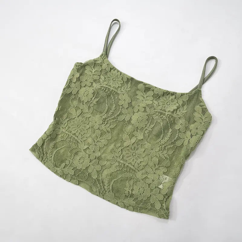 olive green floral lace camisole with thin straps featuring lace backless tube design and sling stitching ruffle detailing on the hip.