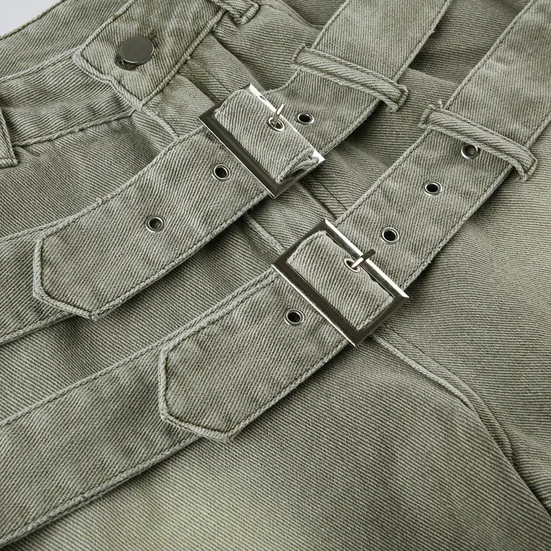 olive green denim shorts featuring jeans double belt with dual silver-toned double belt adjustable buckle straps for a customized fit