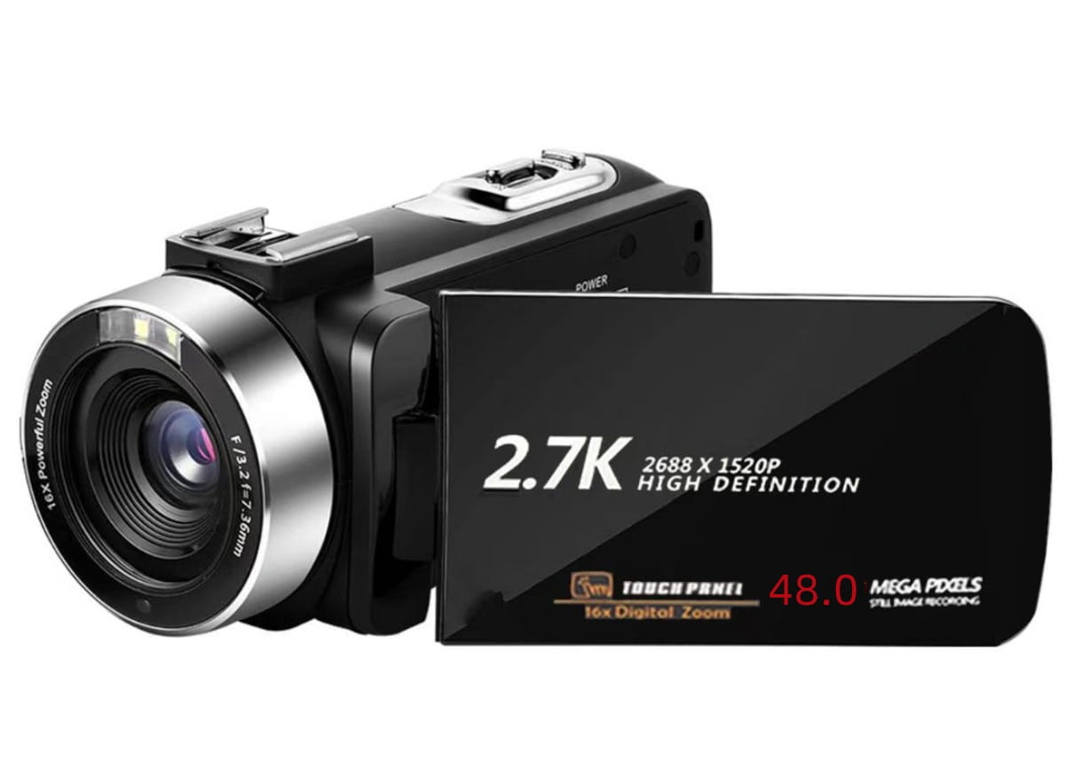 standard black english 2.7k hd digital camcorder dv06s in black and silver featuring 48 megapixels and 16x digital zoom with a touchscreen display.