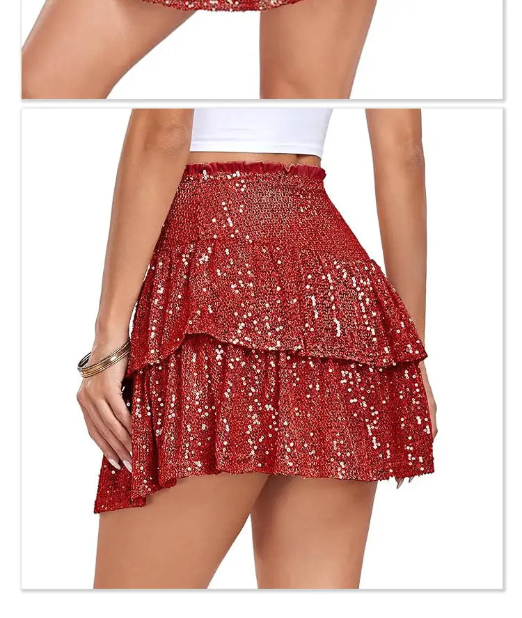 red two tiered sequin dance skirt featuring a red sequined tiered mini design with a ruffled elastic waistband ideal for performance sequin dance occasions