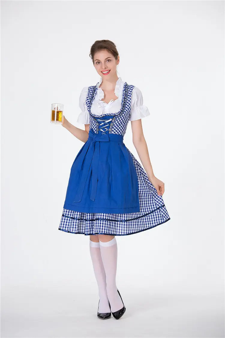 blue and white checkered dirndl dress with lace-up bodice full skirt and ruffled hem suitable for american german beer and german beer festival clothing.