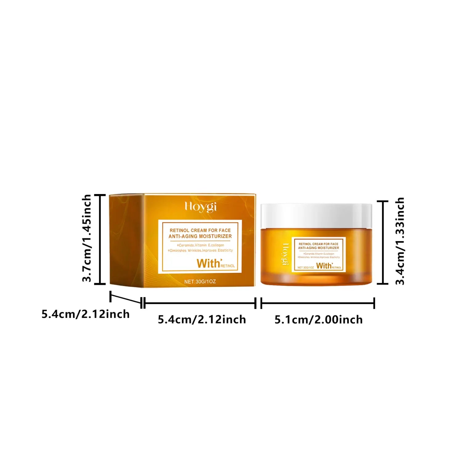 Hoygi retinol face anti-aging moisturizer hydrates and lightens lines in an amber glass jar with a white lid, packaged in an orange box.