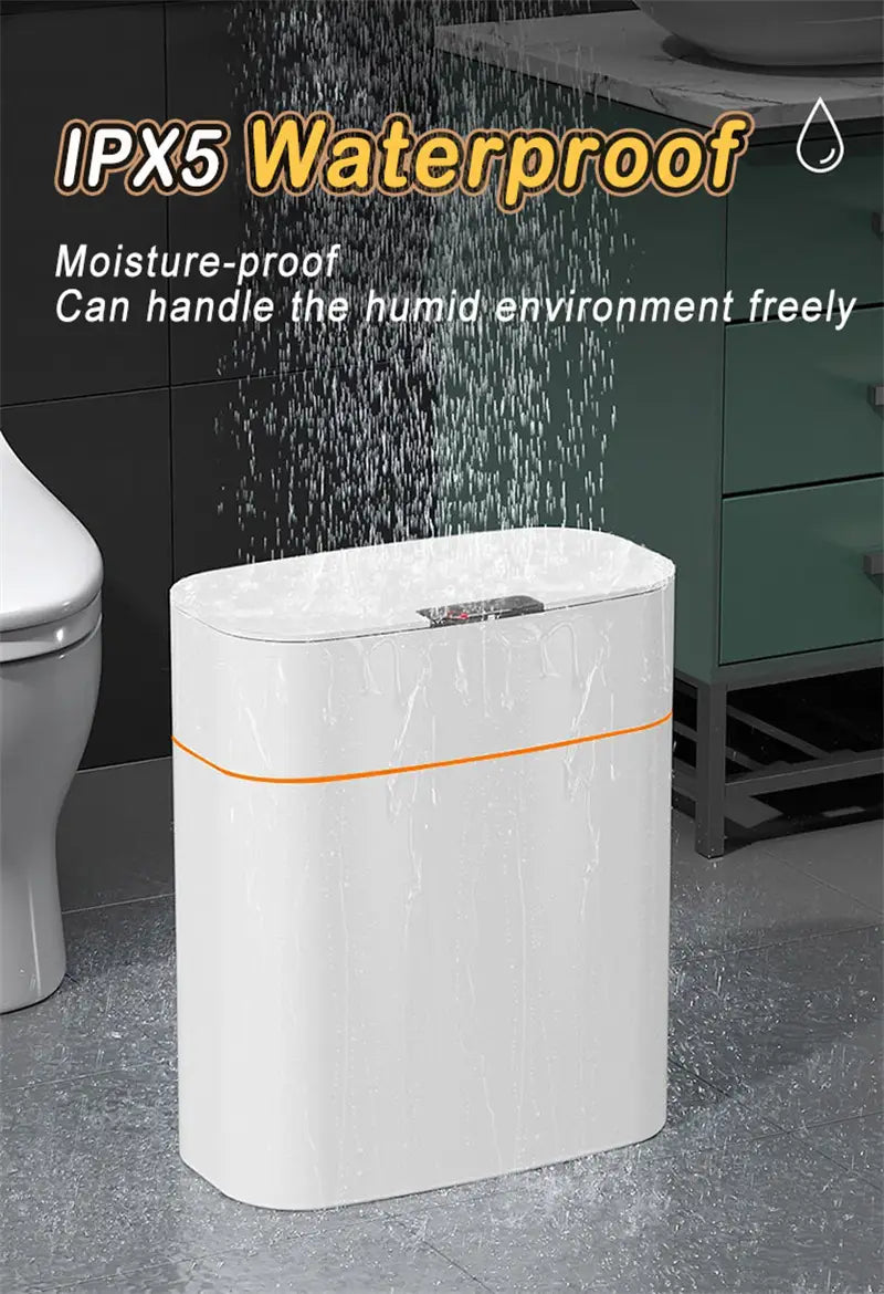 White rectangular smart trash can with an orange accent stripe and a sleek modern design for living room kitchen use.