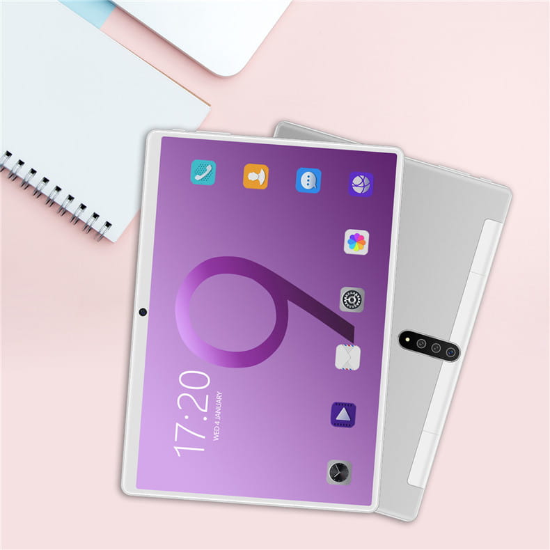 White-framed smart android entertainment 3g calling tablet pc with a purple gradient screen displaying the time 17 20 and various app icons shown alongside its matching gray protective case.