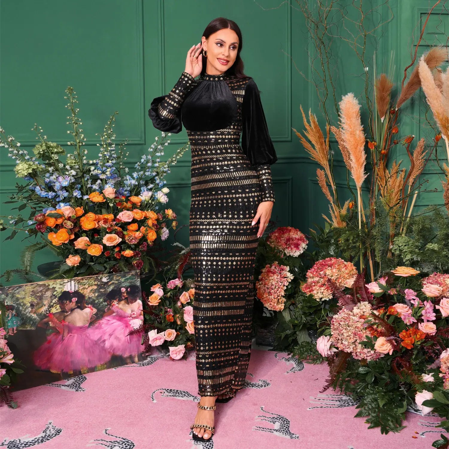 black velvet and sequined long sleeve round neck maxi dress with lace detailing