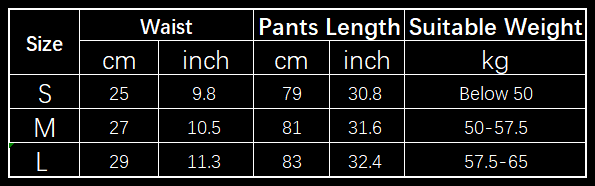 The table displays sizing information including waist and length in centimeters and inches along with the suitable weight range for seamless tie dye leggings women high waisted yoga pants in sizes s, m, and l.