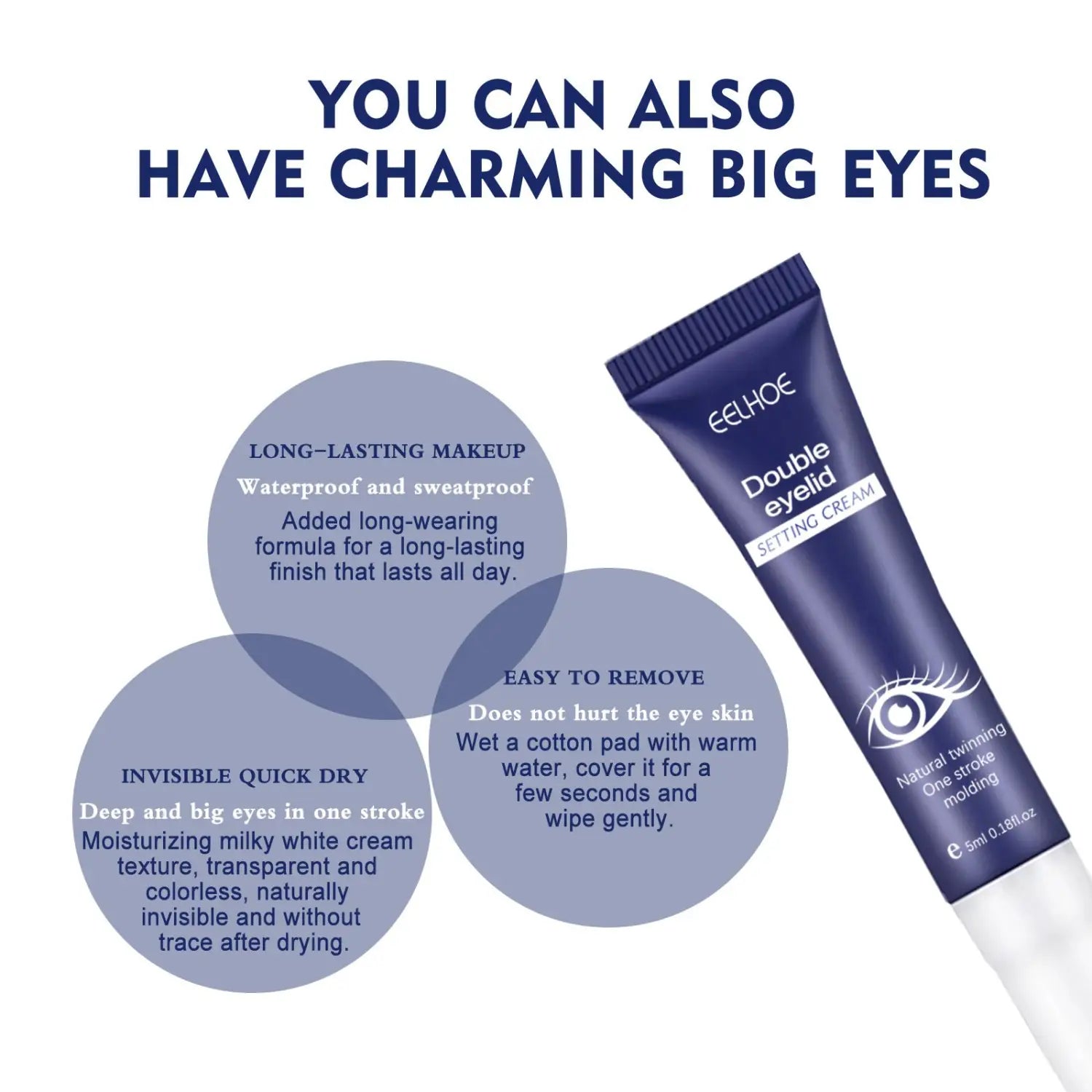 a sleek navy blue tube of eelhoe double eyelid fixing cream with a white cap and silver text designed for natural eyes double eyelid enhancement