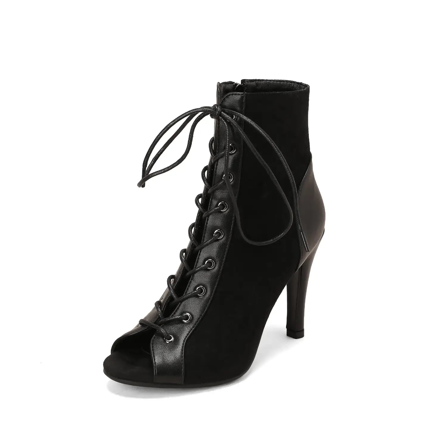 Black peep toe frosted ankle boot with lace-up design, sleek high heel, and contrasting suede panels in a toe frosted casual style.