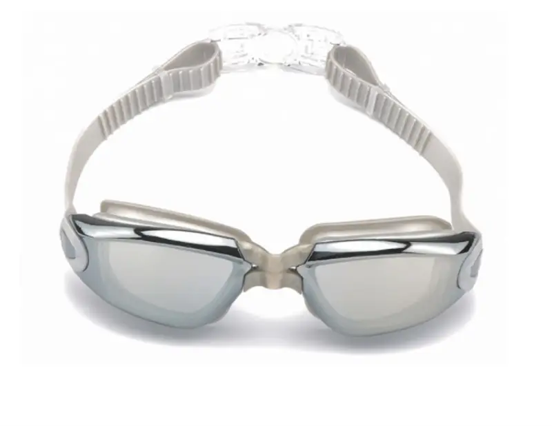 Silver mirrored swimming goggles with a sleek metallic frame and adjustable gray silicone straps designed as waterproof swimming goggles.