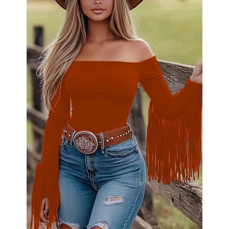 Women's Western Off-Shoulder Fringe Long Sleeve Fitted Tassel Blouse
