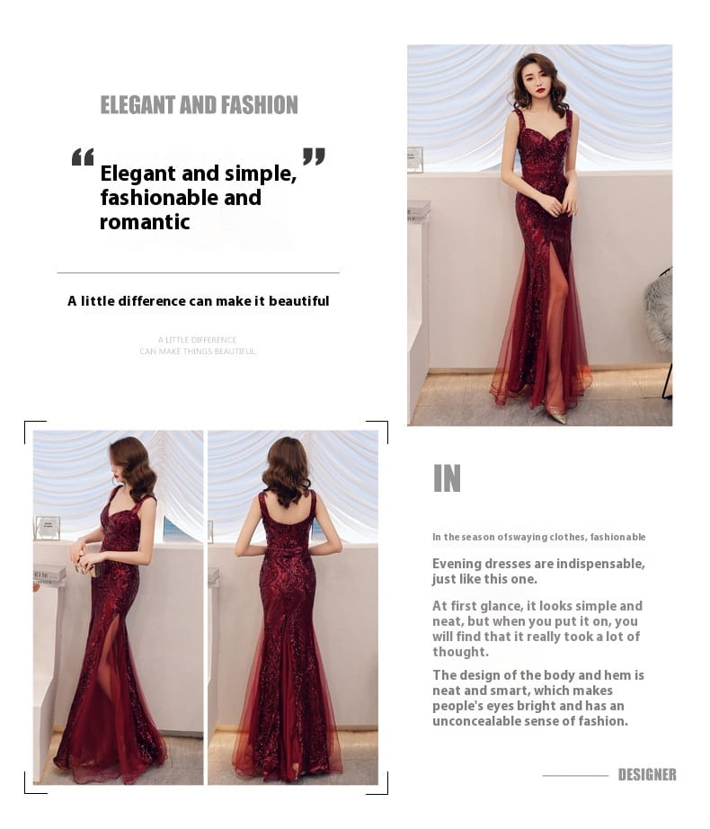 a shimmering burgundy fishtail long summer evening dress featuring intricate lace detailing, sequins, and a high slit perfect for formal occasions