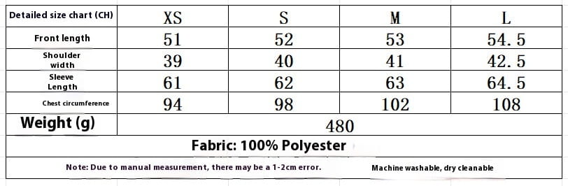 a gray double breasted coat made of 100 percent polyester with size chart details for xs to l featuring front length measurements from 51cm to 54.5cm and chest circumferences up to 108cm highlighting blended coat width and coat width pleated skirt design