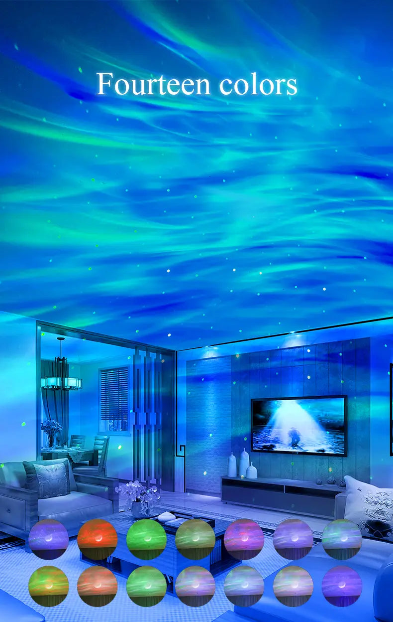 A sleek spherical led projector lamp named double effect northern lights projector lamp that projects a dynamic effect northern lights in 14 customizable colors.