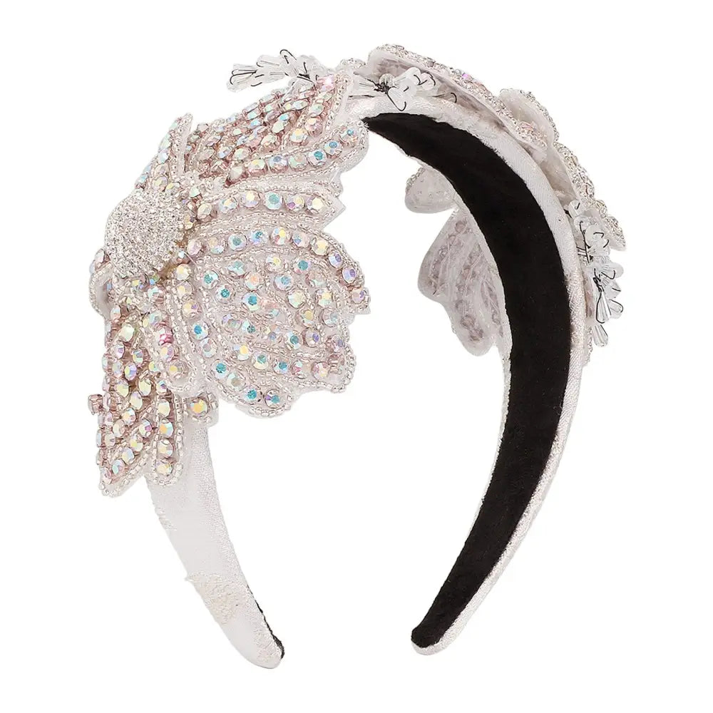A sparkling silver vintage crystal floral temperament hairband with intricate beaded floral embellishments and delicate lace detailing, perfect temperament hair accessories.