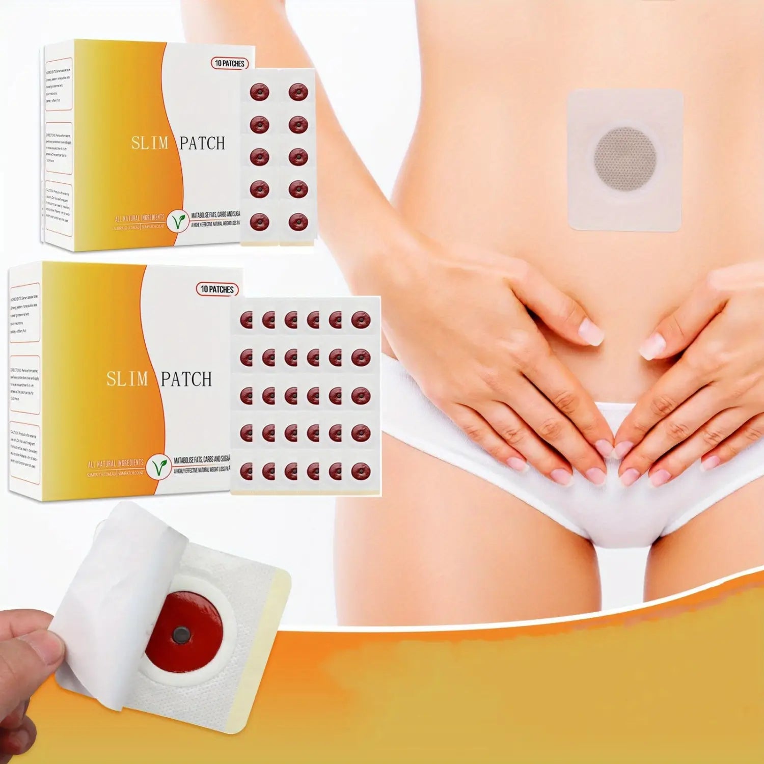 magnetic slimming navel belly button patch packaging in white and yellow with 10 dark red circular belly button patches visible in the boxes for button patch slimming use
