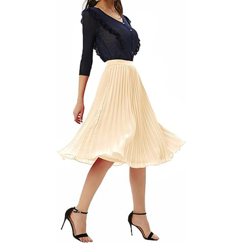 Beige pleated midi swing casual skirt with flowing lightweight fabric and subtle sheen ideal for large swing casual wear.